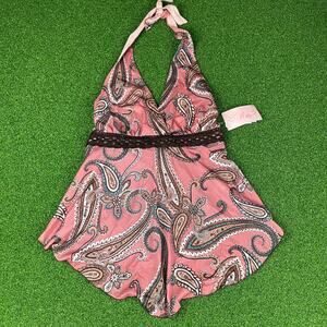 Vintage Y2K NWT Halo Angel Cut Flowy Fairy Pink Paisley Tie Back Halter Top Sz L